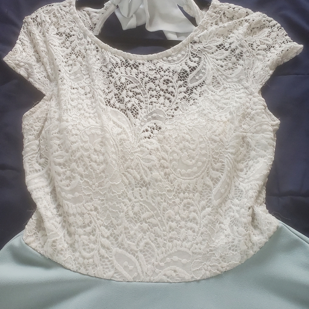 White lace, blue bottom dress.